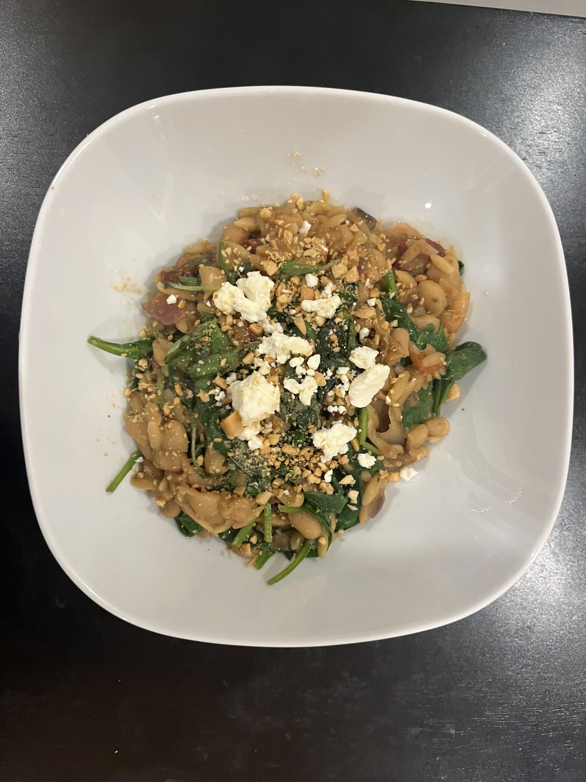 Amazing One Dish Meal- White Bean, Orzo, Sun-Dried Tomato, Spinach with Lemon and Feta